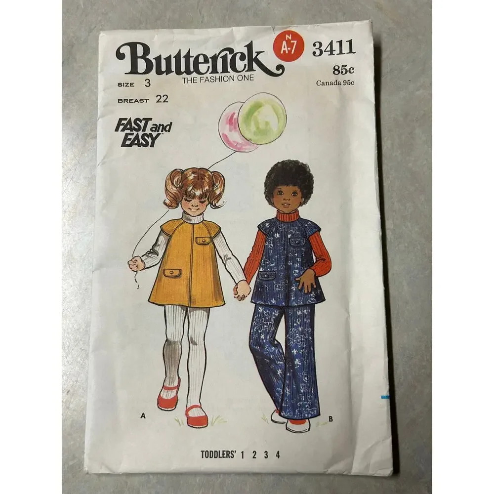 Vintage 1970's Butterick Pattern #3411 Toddler Jumpers and Pull-On Pants Size 3